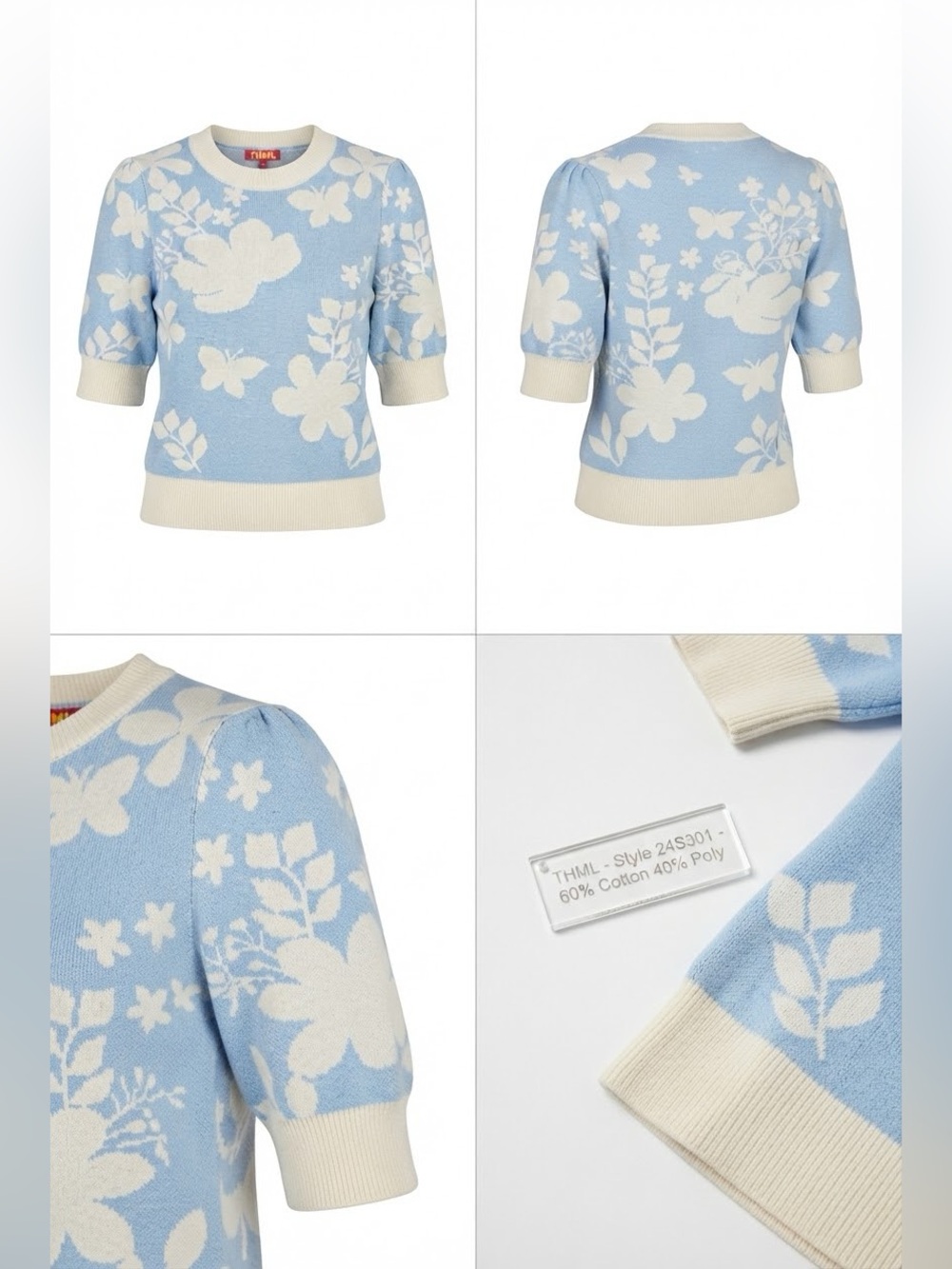 THML Women’s Large Blue & Ivory Floral Butterfly Puff Sleeve Knit Sweater Top - Picture 4 of 13